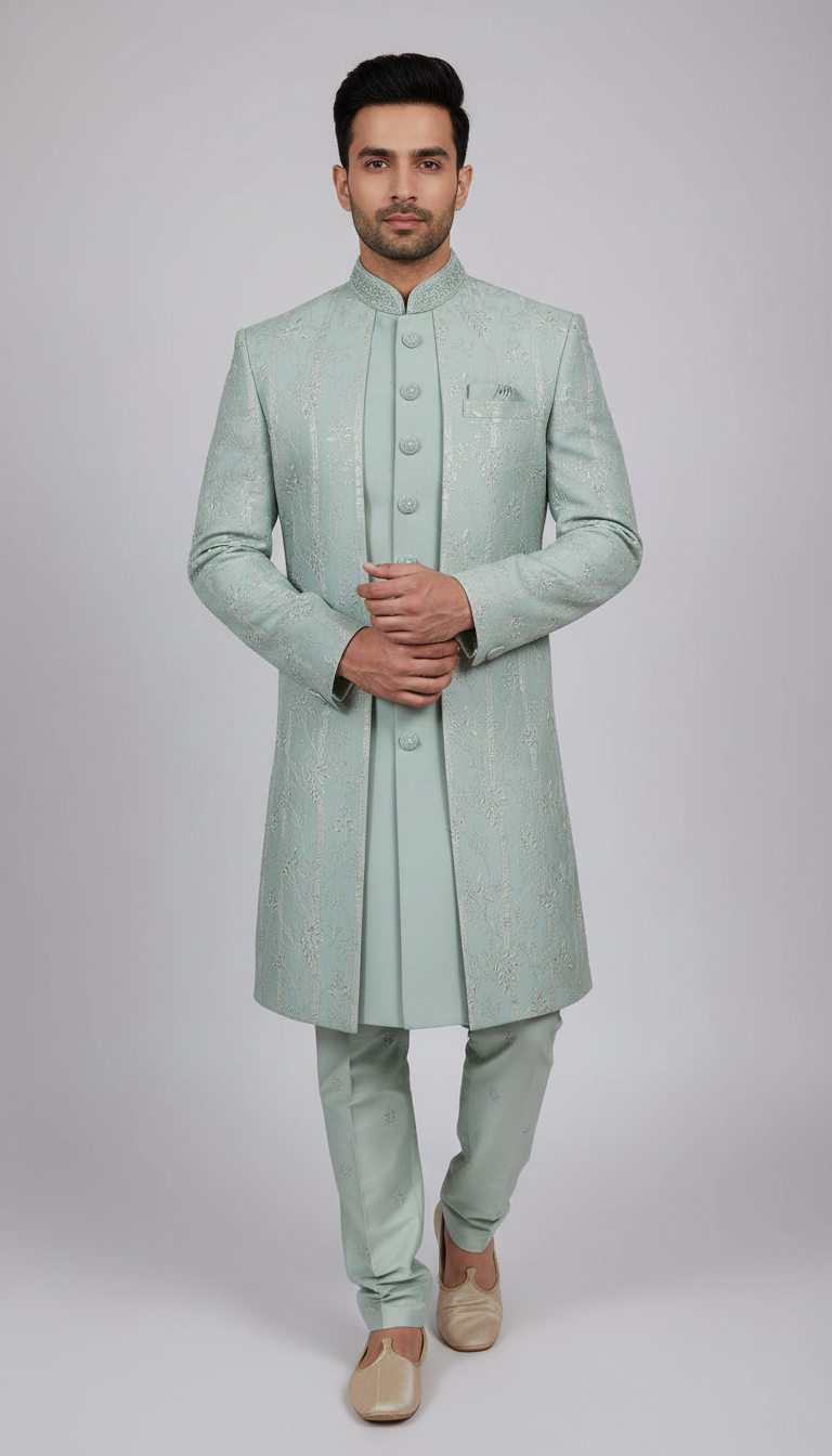 Pista Green Color Silk With Hand Embroidery Work Sherwani Suit For Men Near Me