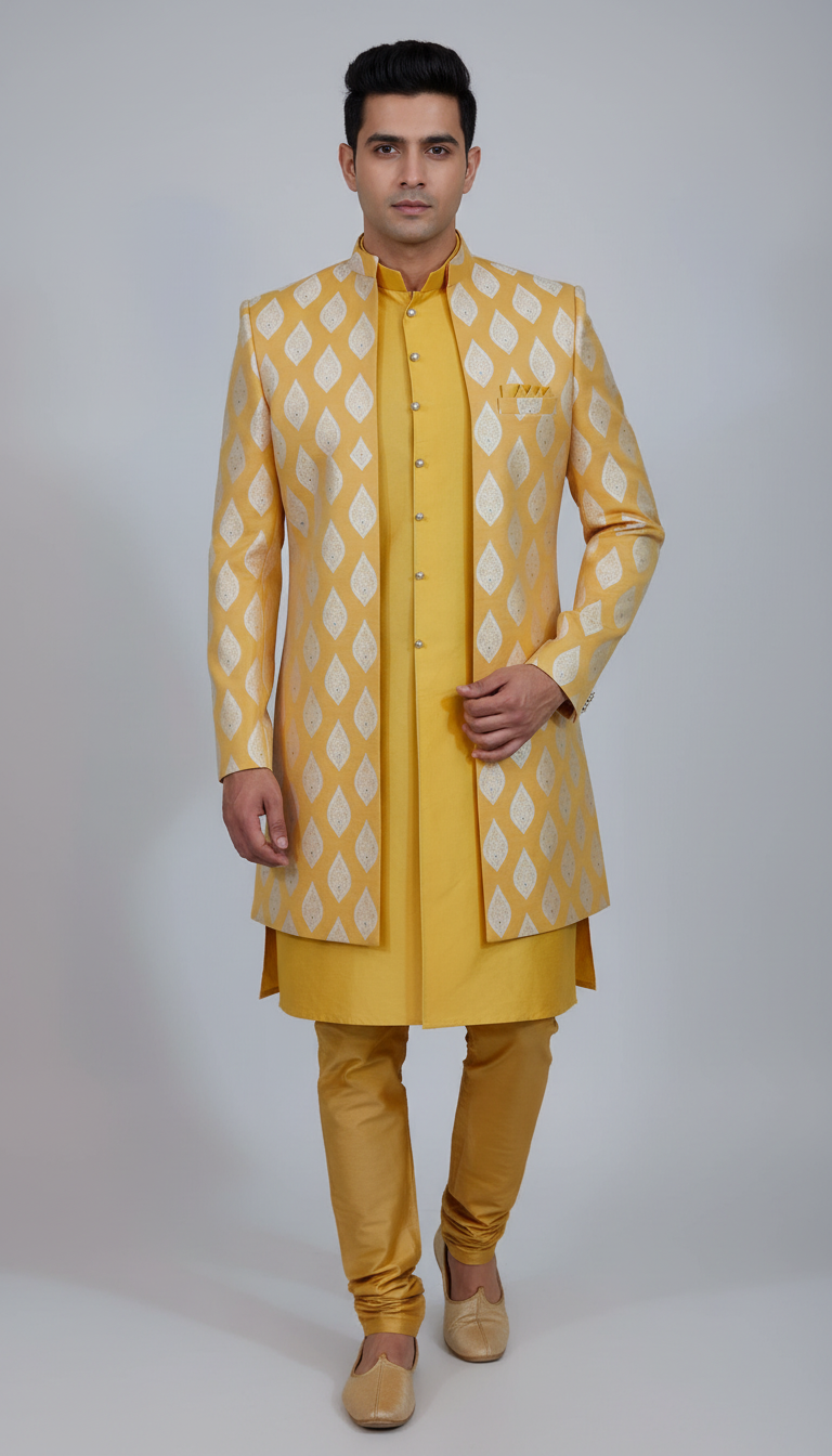 Yellow Color Banarasi Brocade With Hand Embroidery Work Sherwani Suit For Men Near Me