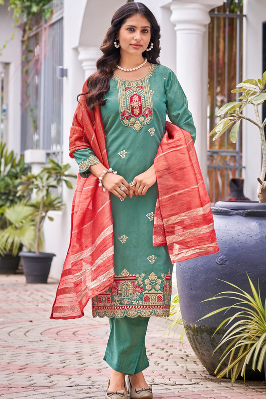 Beautiful Teal Green Color Heavy Embroidery Work Salwar Suits With Dupatta Set