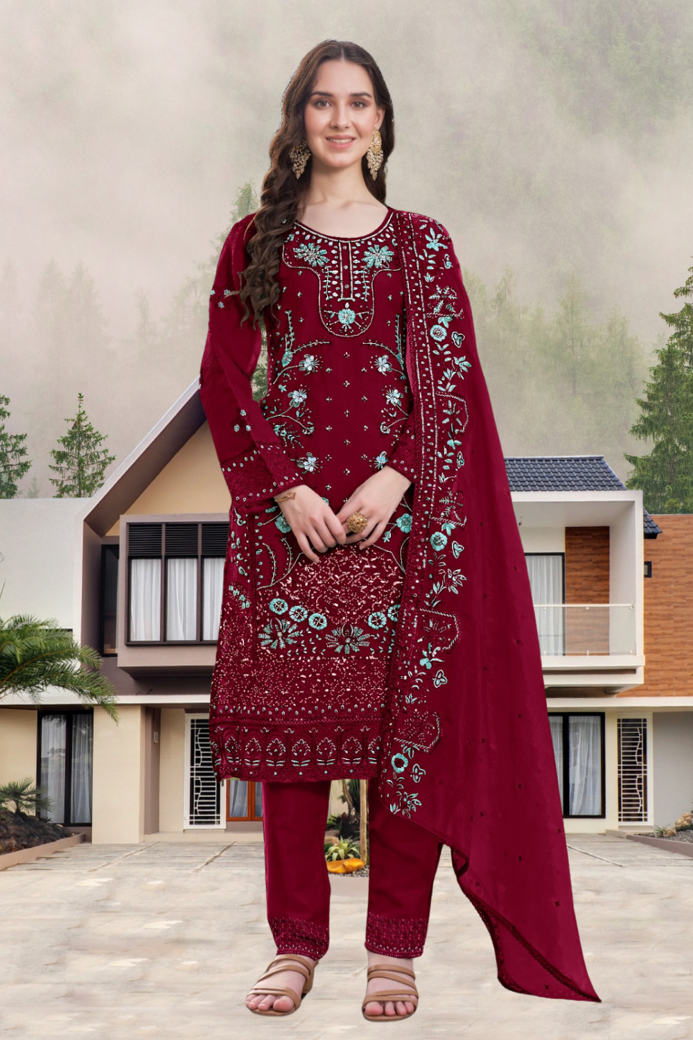 Alluring Maroon Color Georgette With Embroidery Khatli Work Suit For Women