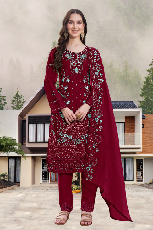 Alluring Maroon Color Georgette With Embroidery Khatli Work Suit For Women