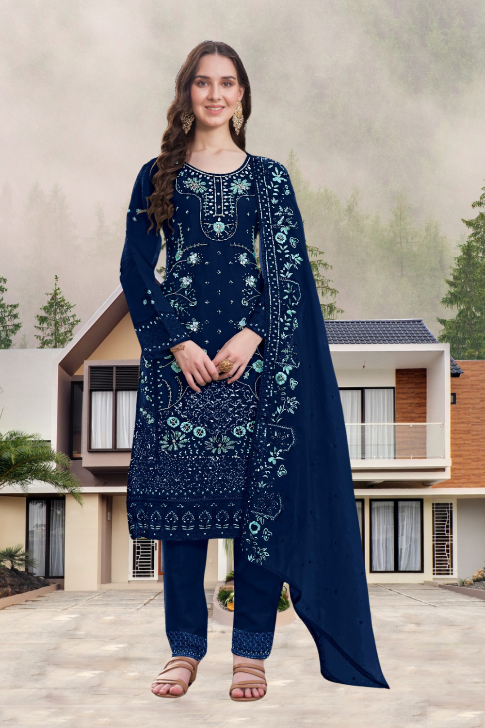 Amazing Blue Color Georgette With Embroidery Khatli Work Suit For Women