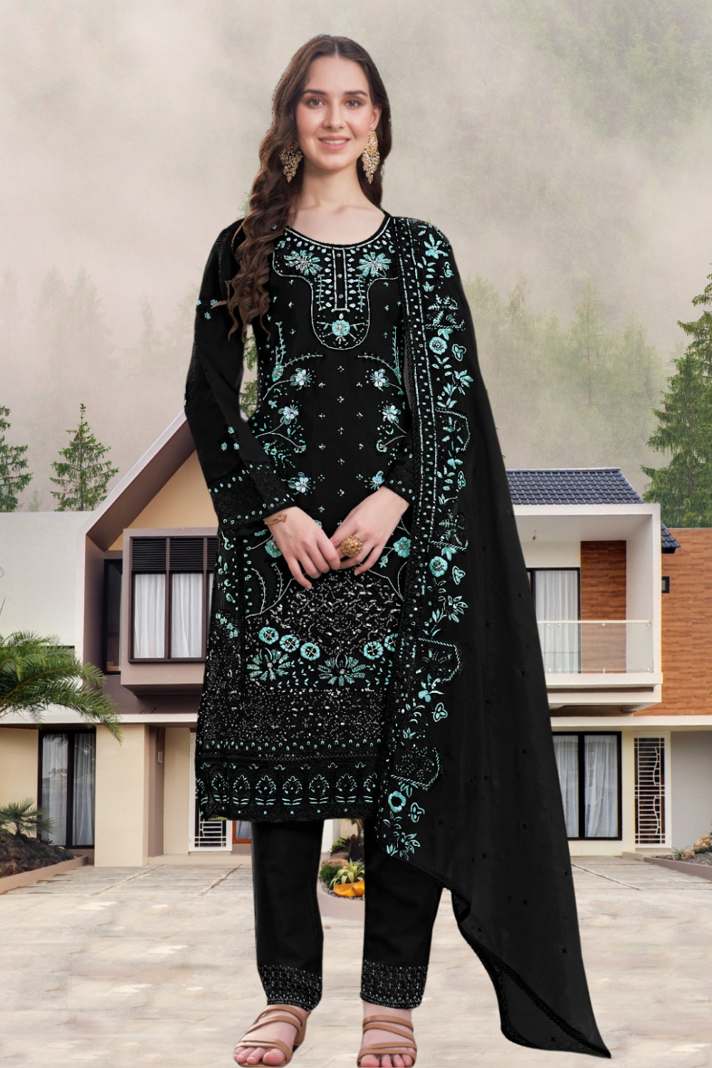 Attractive Black Color Georgette With Embroidery Khatli Work Suit For Women