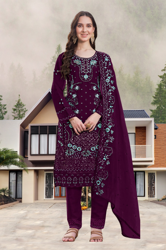 Beautiful Purple Color Georgette With Embroidery Khatli Work Suit For Women