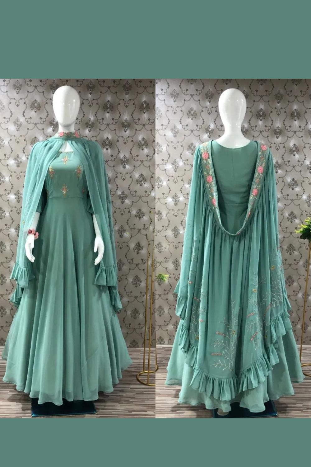 Embroidered Designer 3 Style Gown Teal Green In Tempe