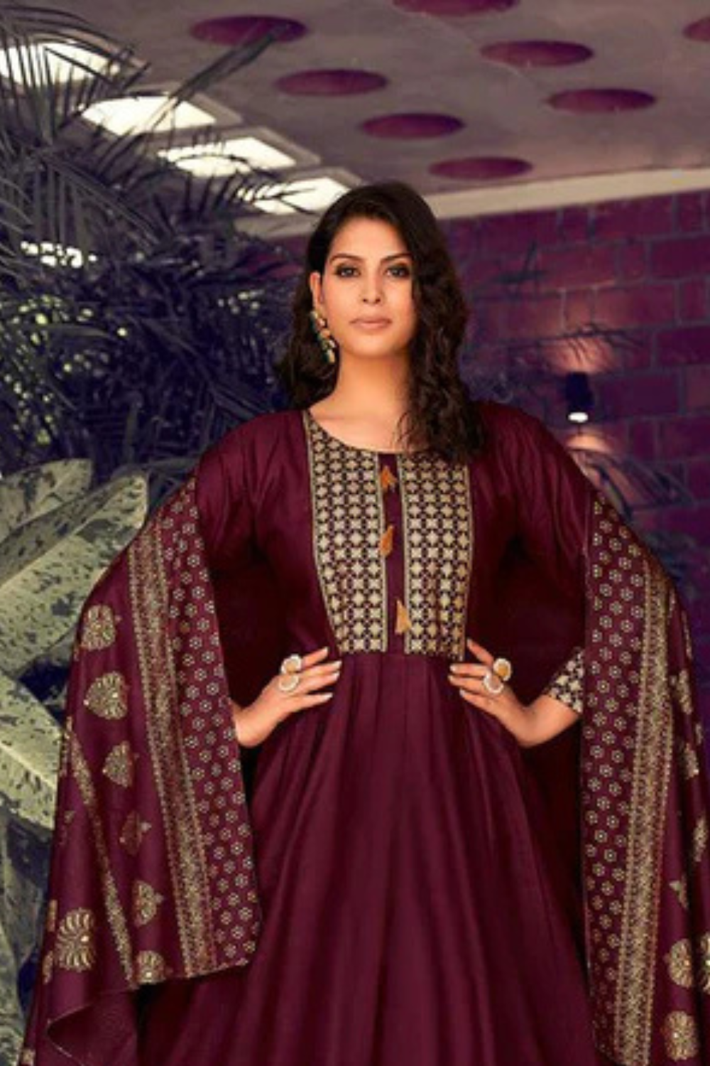 Maroon Color Fancy Foil Printed Rayon Gowns With Dupatta  Near Me
