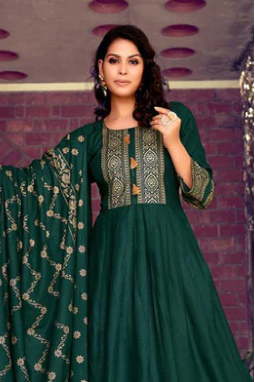 Green Color Fancy Foil Printed Rayon Gowns With Dupatta Collection Near Me
