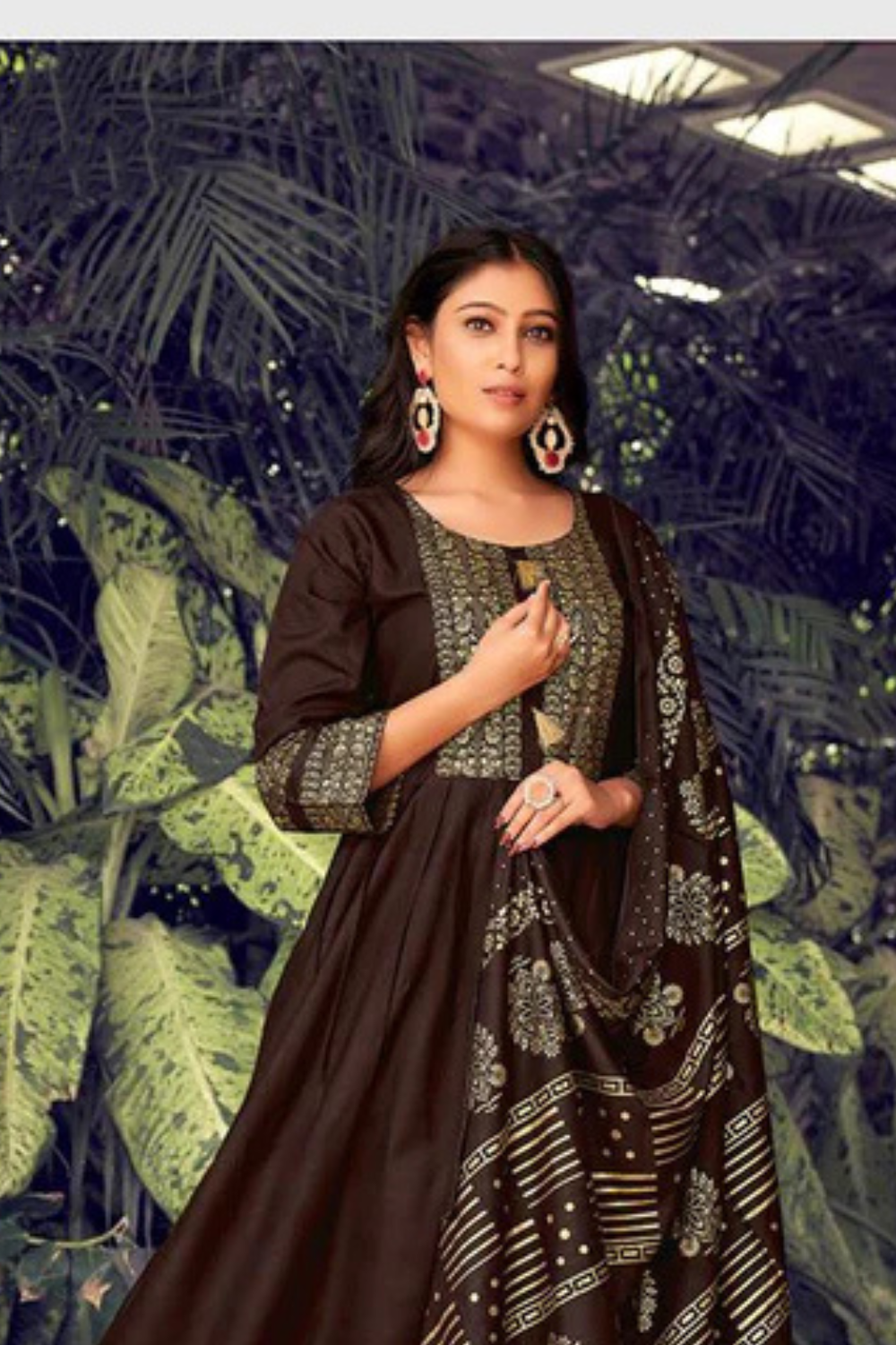 Brown Color Fancy Foil Printed Rayon Gowns With Dupatta Collection Near Me
