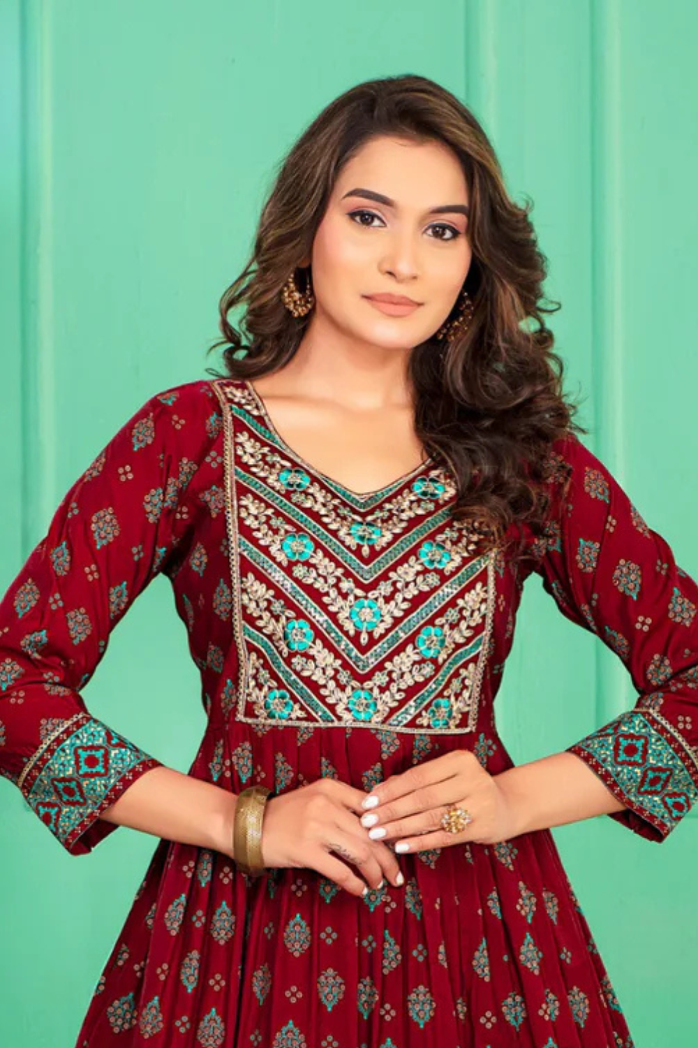 Maroon Color Screen Print Flared Long Kurti With Embroidery Near Me 