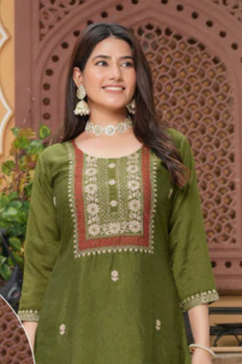 Pretty Olive Green Color Thread Work And Silk Kurti For Women Near Me
