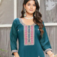 Trendy Teal Blue Color Thread Work Silk Kurti For Women Near me
