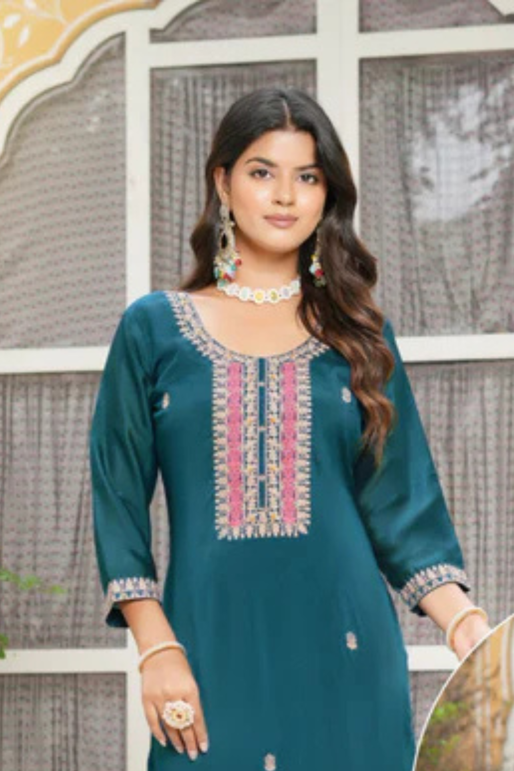 Trendy Teal Blue Color Thread Work Silk Kurti For Women Near me
