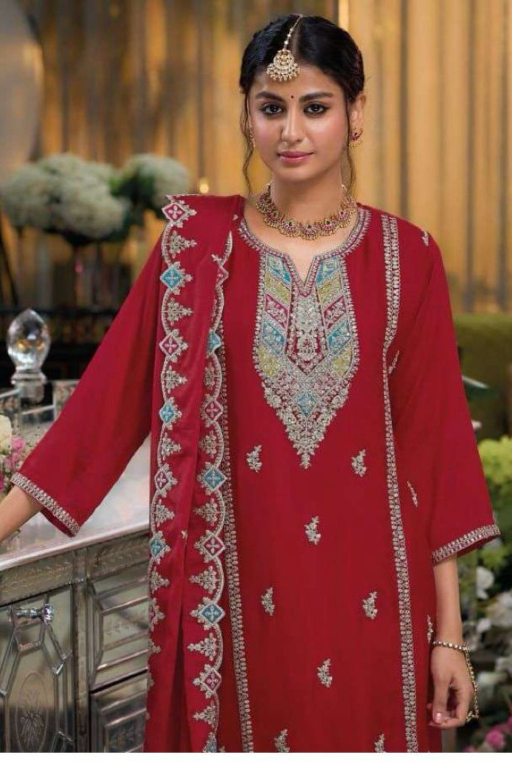 Elegant Red Color Chinon With Embroidery Work Salwar Suits For Women Near Me