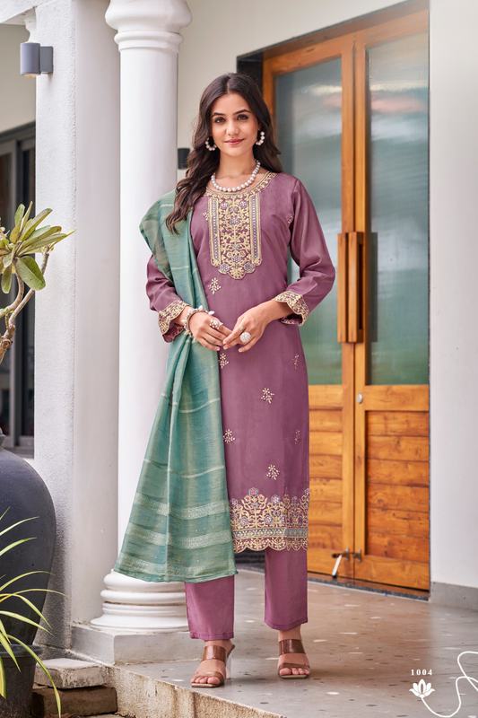 Alluring Purple Color Roman Silk Embroidery work Salwar Suits For Women