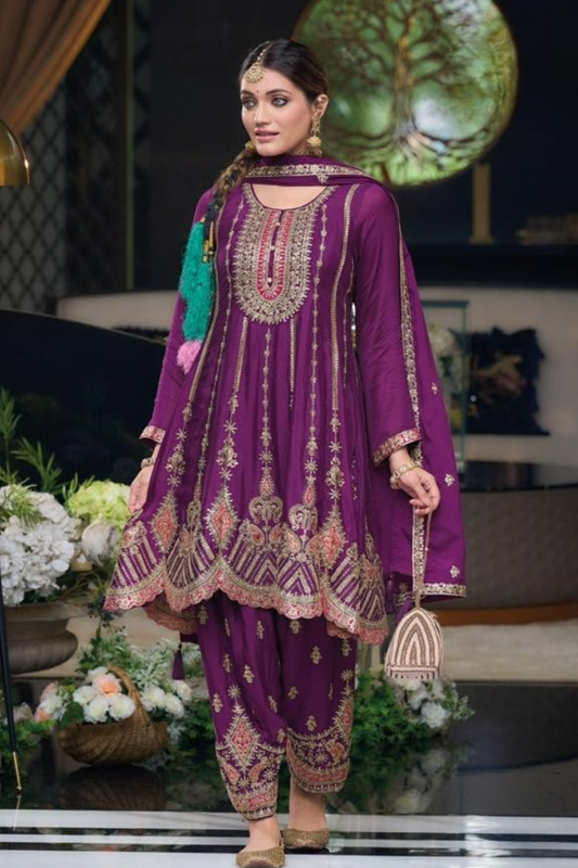 Charming Purple Color Chinon With Heavy Embroidery Work Salwar Suit  For Women