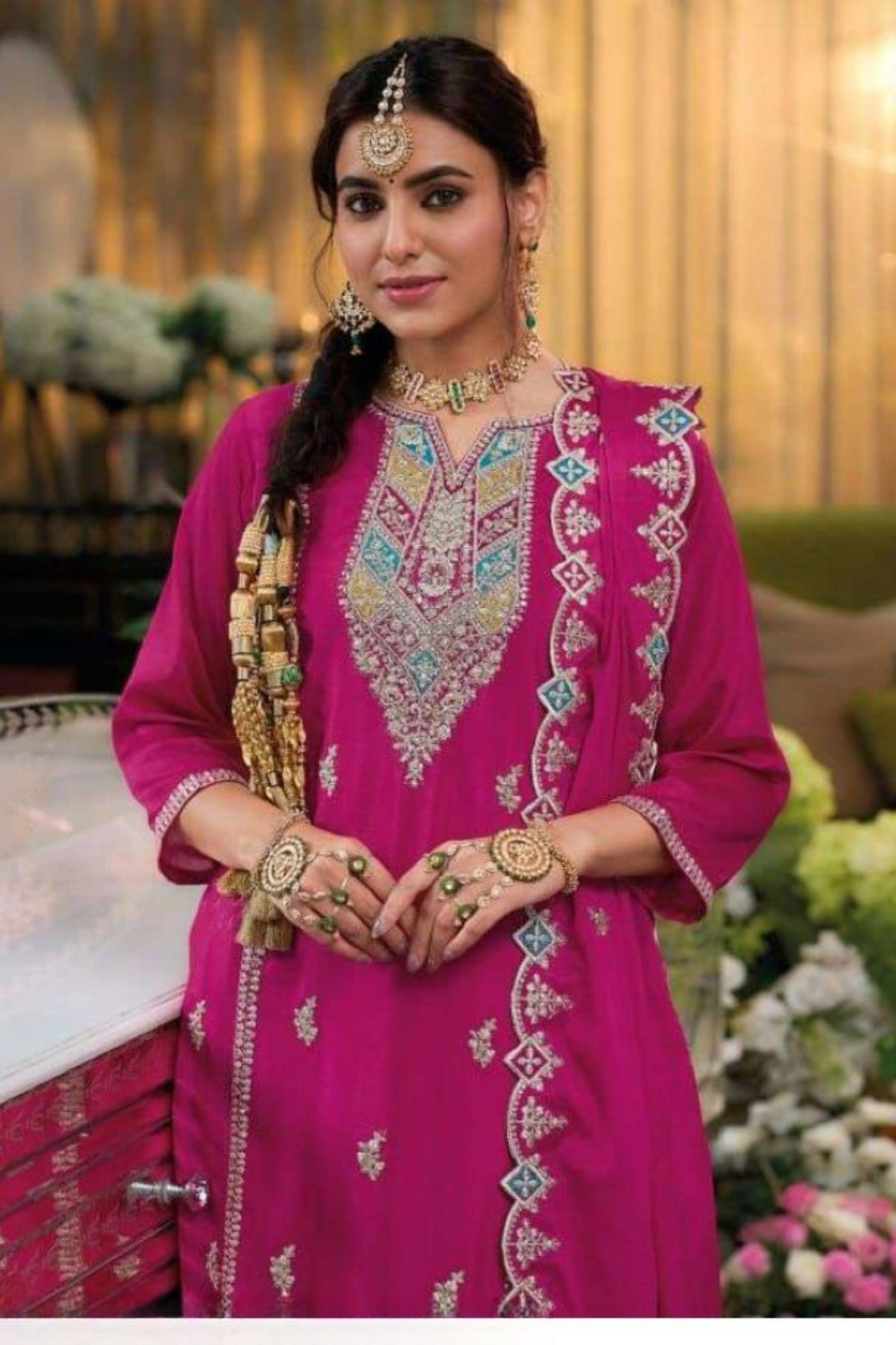 Rani Pink Color Chinon With Embroidery Work Salwar Suits For Women Near Me