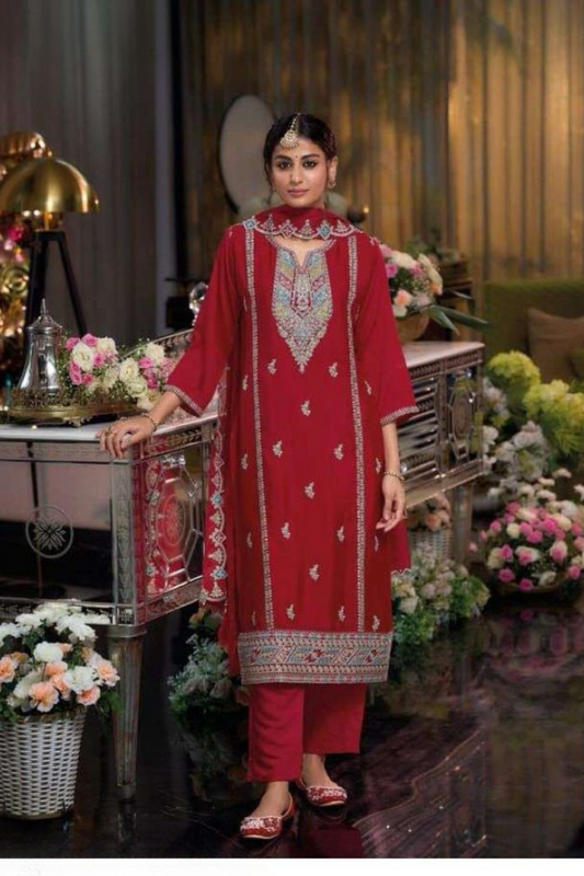 Elegant Red Color Chinon With Embroidery Work Salwar Suits For Women