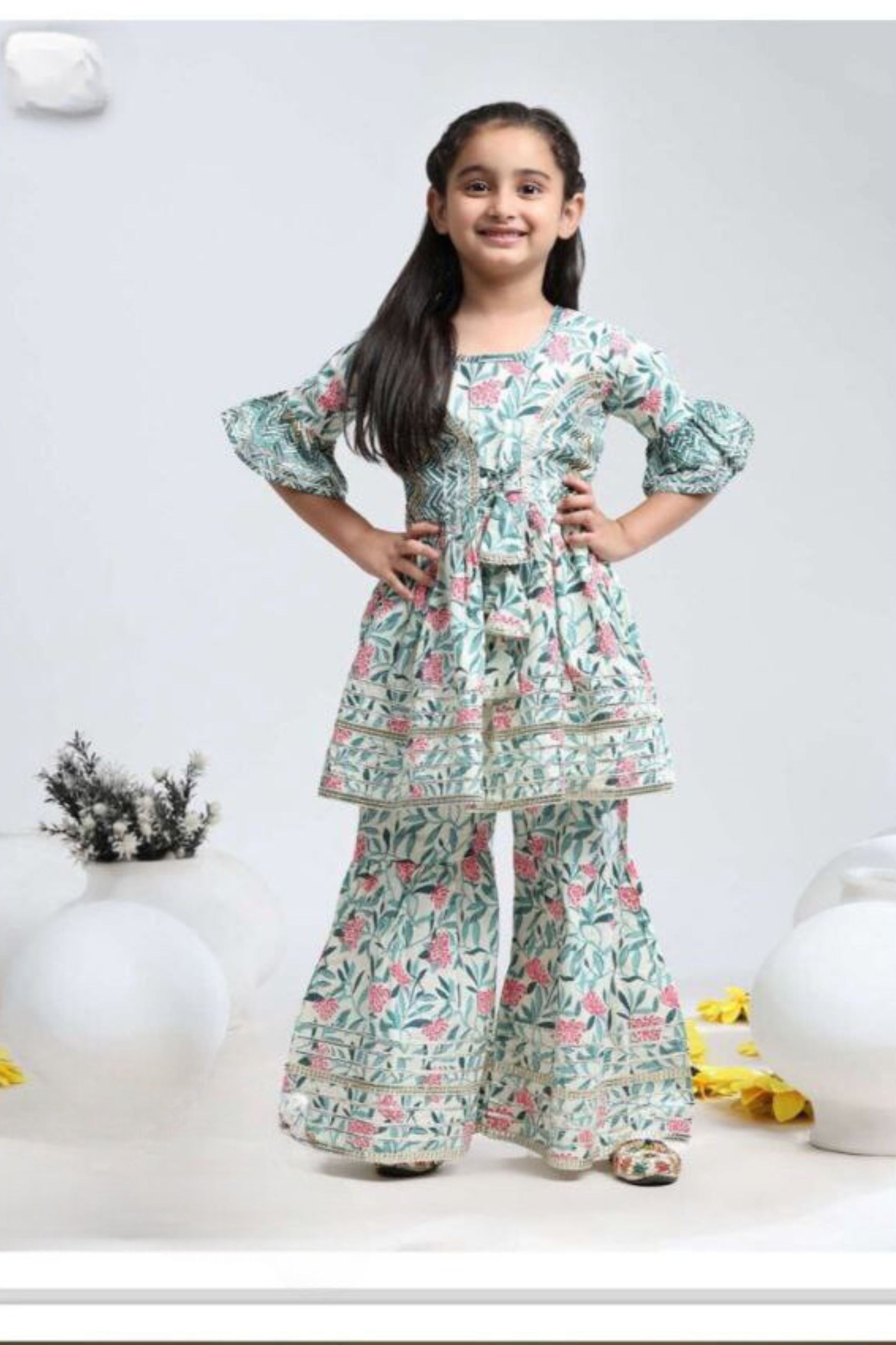 Elegant Multicolor Cotton Girls Kurti With Lace Border Work Sharara Suits