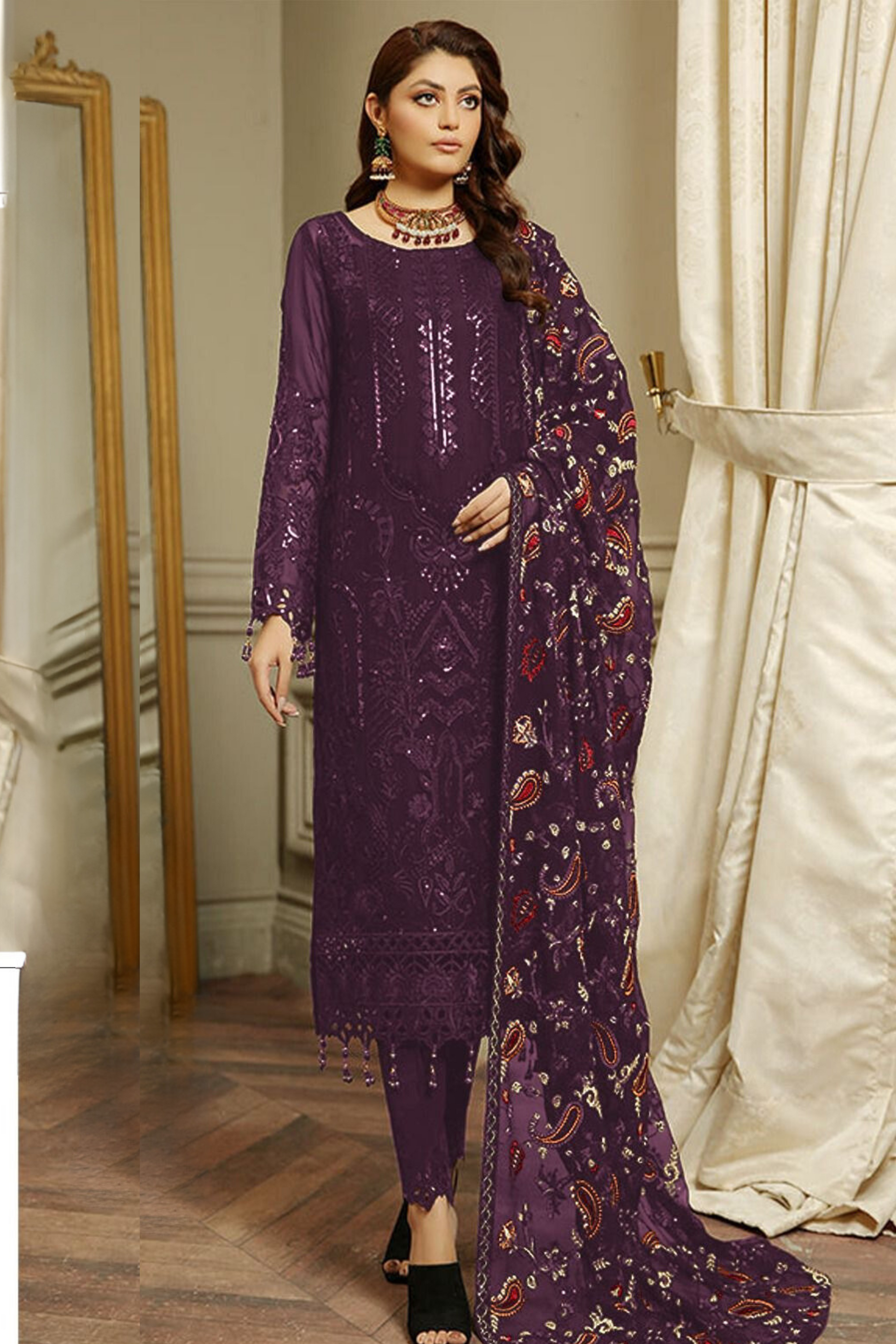 Attractive Dark Purple Color Georgette With Embroidery Work Salwar Suits With Dupatta