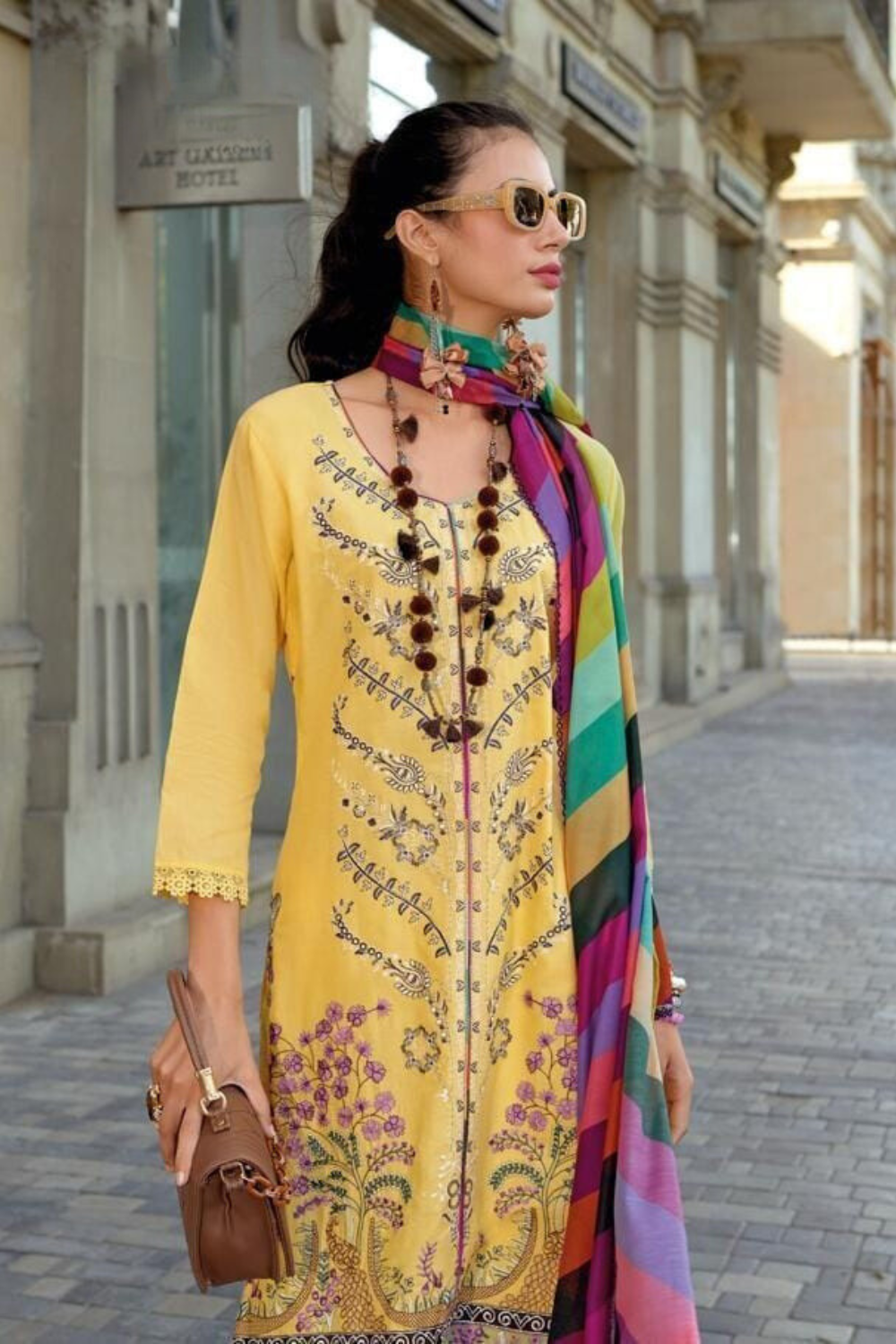 Elegant Yellow Color Cotton Embroidered Salwar Suits With Dupatta Set