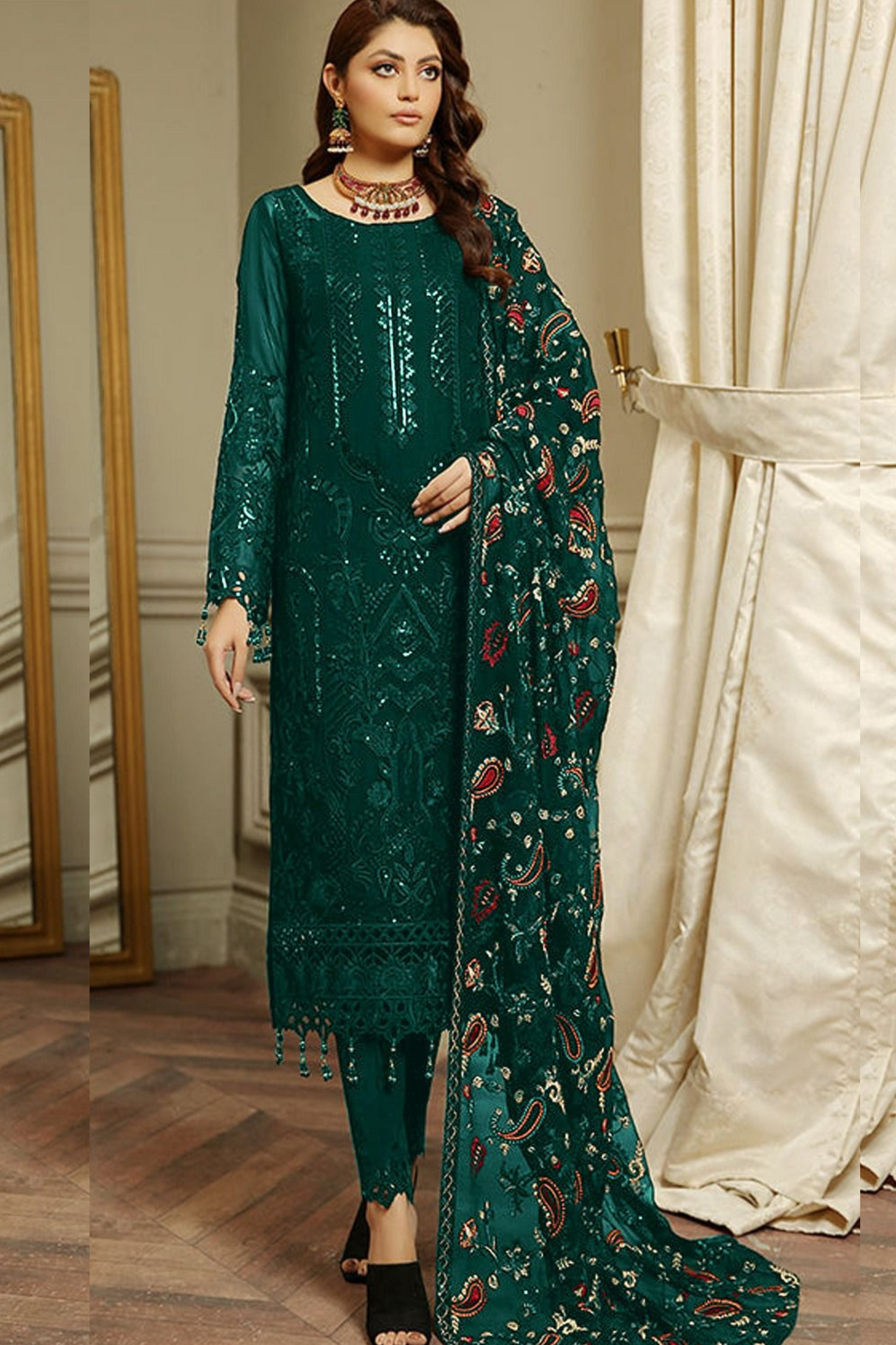 Attractive Dark Green Color Georgette With Embroidery Work Salwar Suits With Dupatta