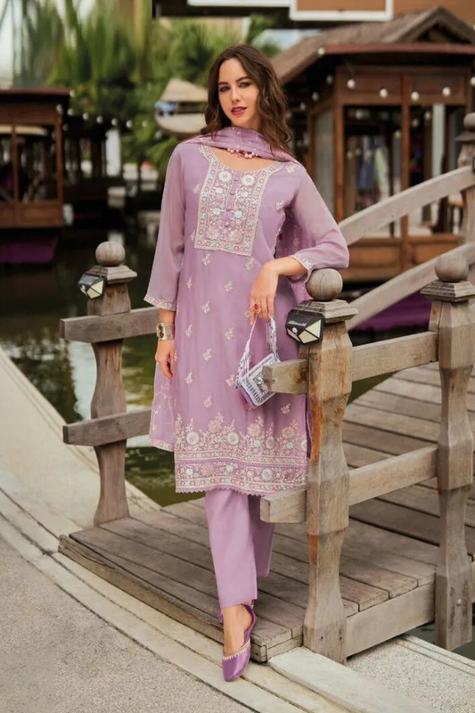 Attractive Light Purple Color Soft Organza With Embroidery Work Salwar Suits For Women