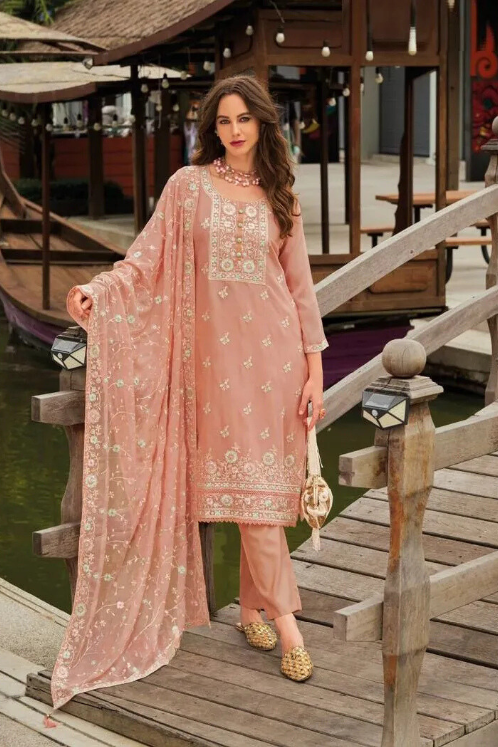 Alluring Peach Color Soft Organza With Embroidery Work Salwar Suits For Women