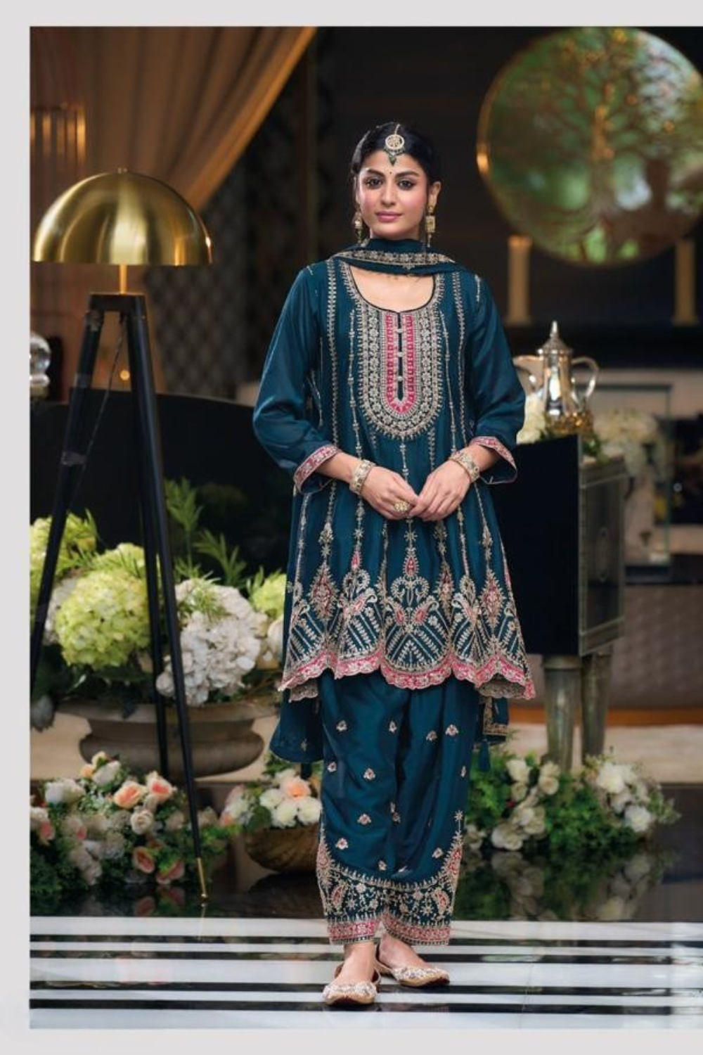 Beautiful Teal Blue Color Chinon With Heavy Embroidery Work Salwar Suit For Women