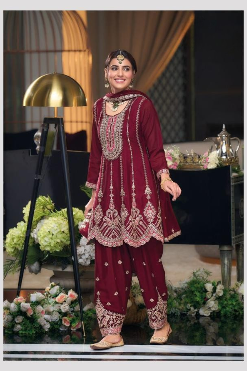 Attractive Maroon Color Chinon With Heavy Embroidery Work Salwar Suit For Women