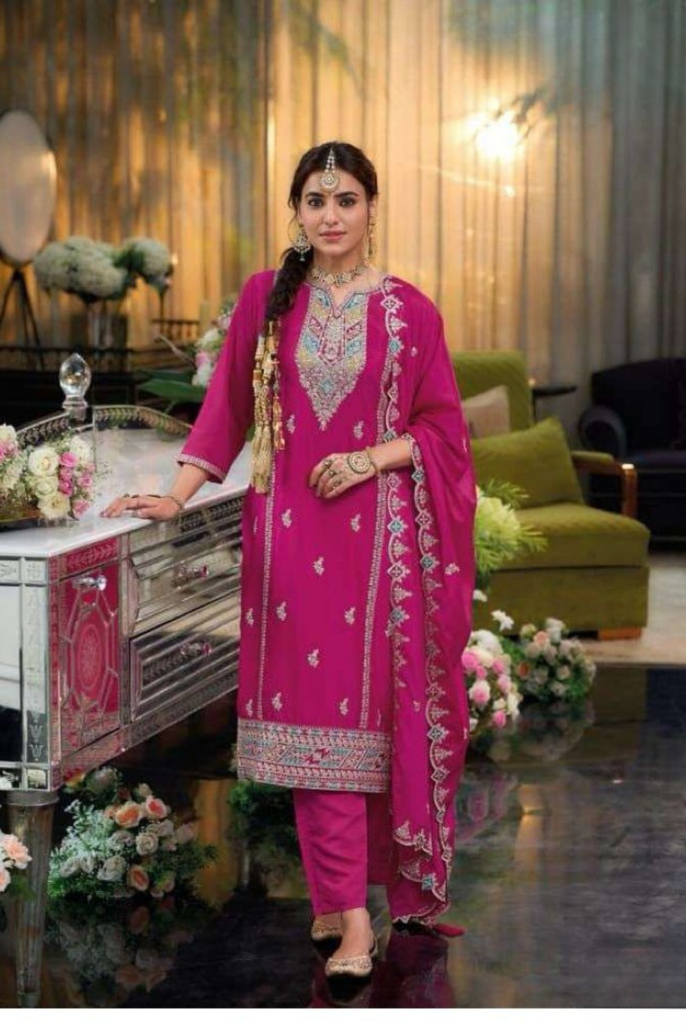 Beautiful Rani Pink Color Chinon With Embroidery Work Salwar Suits For Women