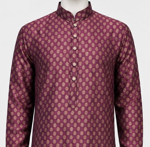 Wonderful Wine Color Jacquard With Printed Work Kurta Suits For Men