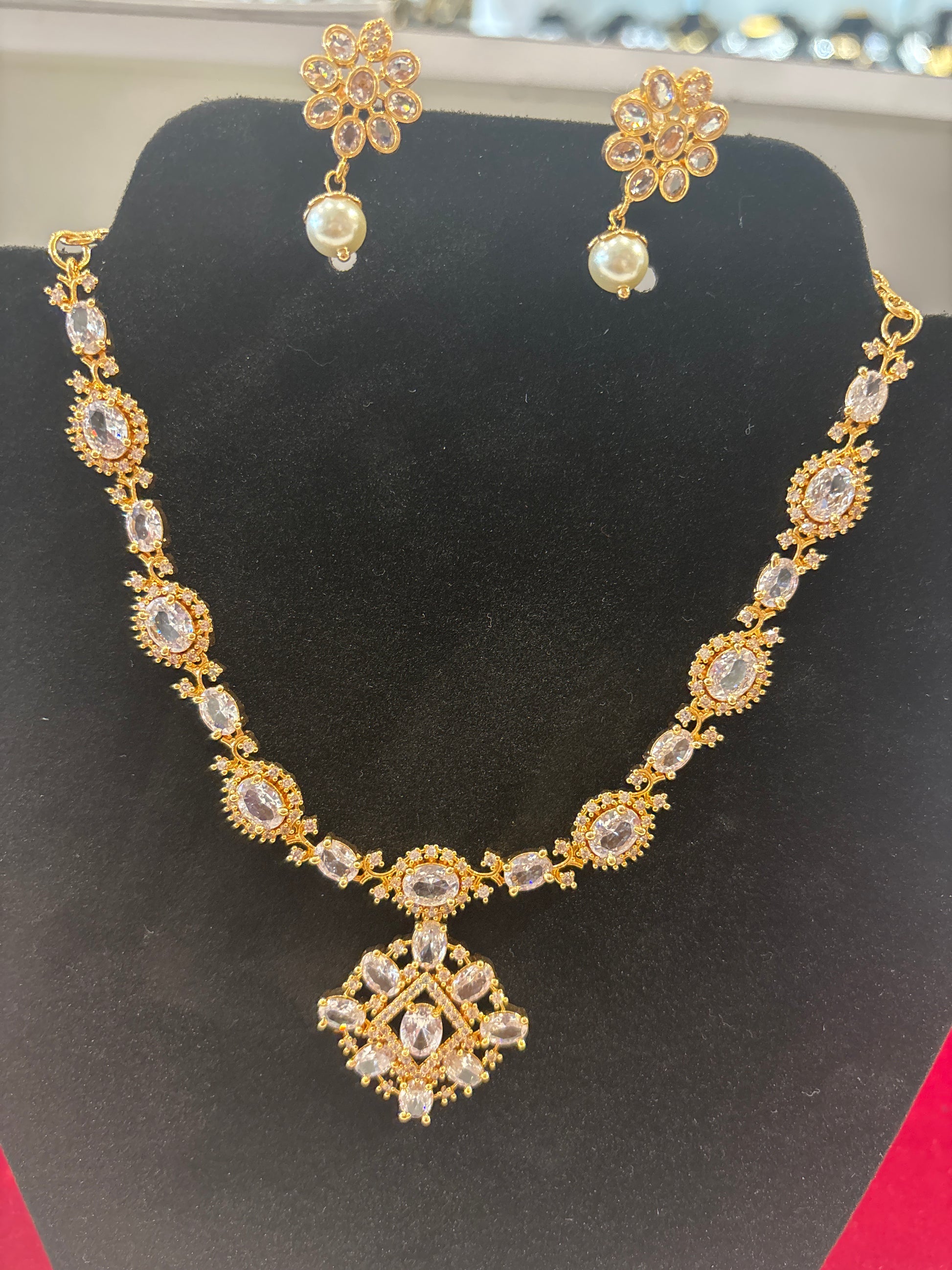 Stunning White Stones Gold Plated Necklace With Pearl Drops Earrings