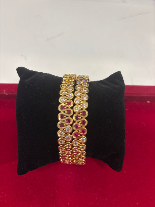 Marvelous White And Red Color Stones Gold Plated Bangle Set For Women 
