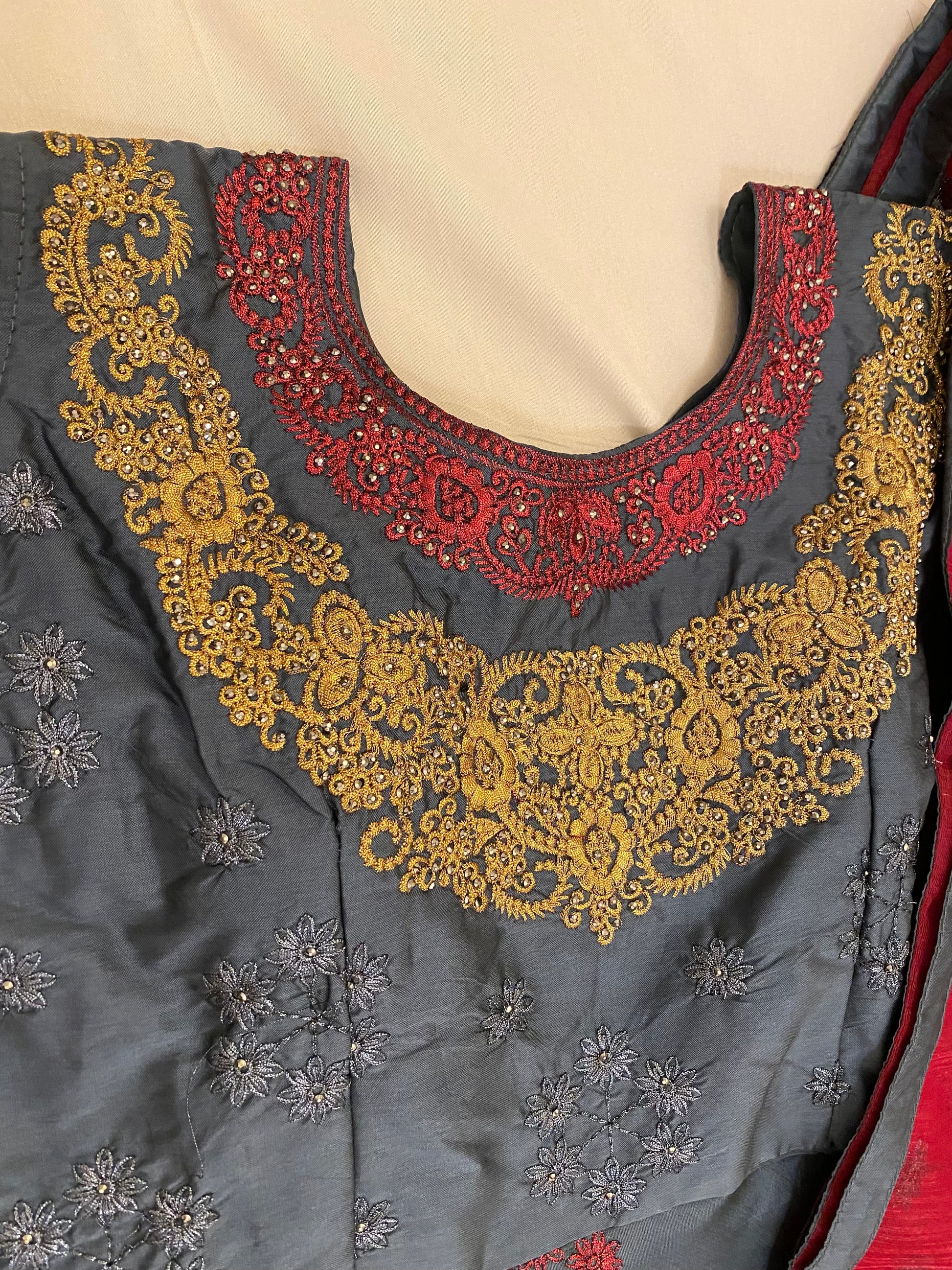 Dark Grey Long Gown With Red And Golden Embroidery Work With Pants And Dupatta