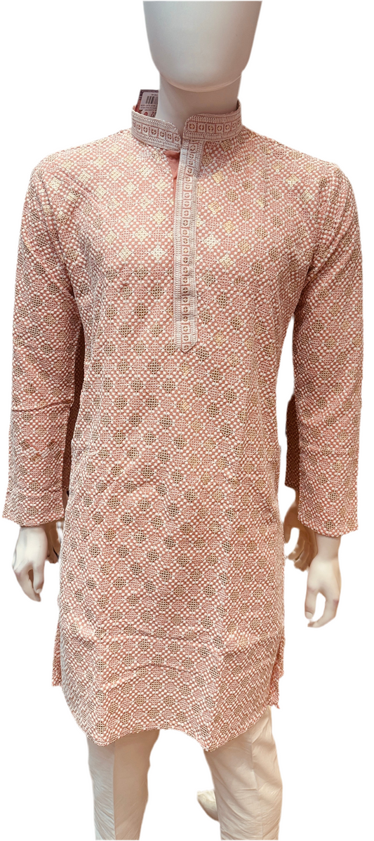 Attractive Light Pink Color Premium Rayon With Embroidery and Sequins Work Kurta Suit For Men