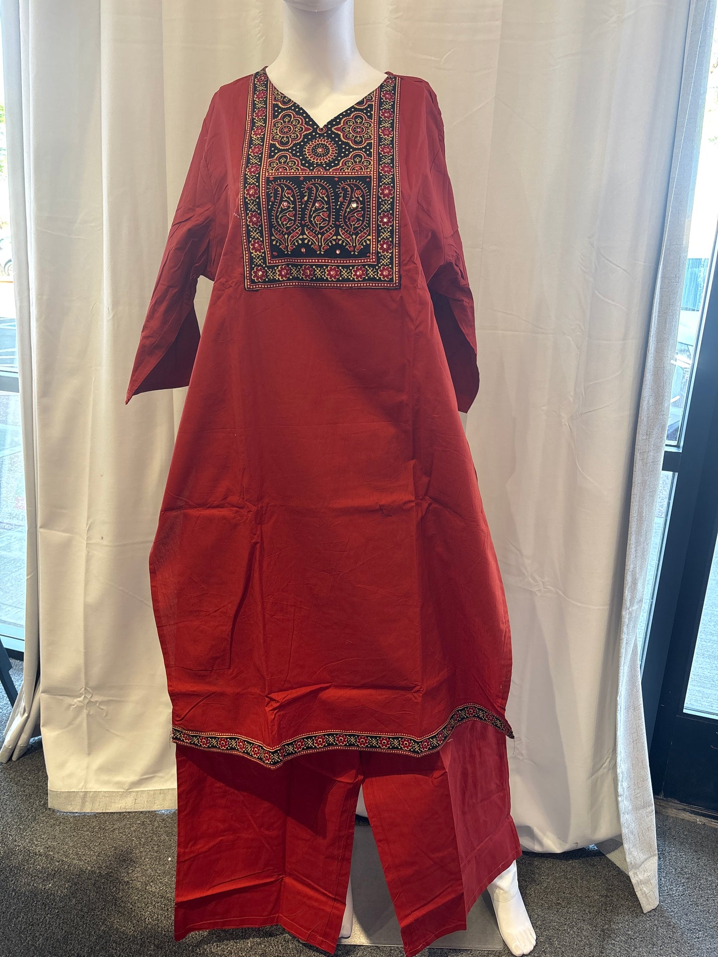 Captivating Red Color Cotton With Printed Work Salwar Suits With Dupatta