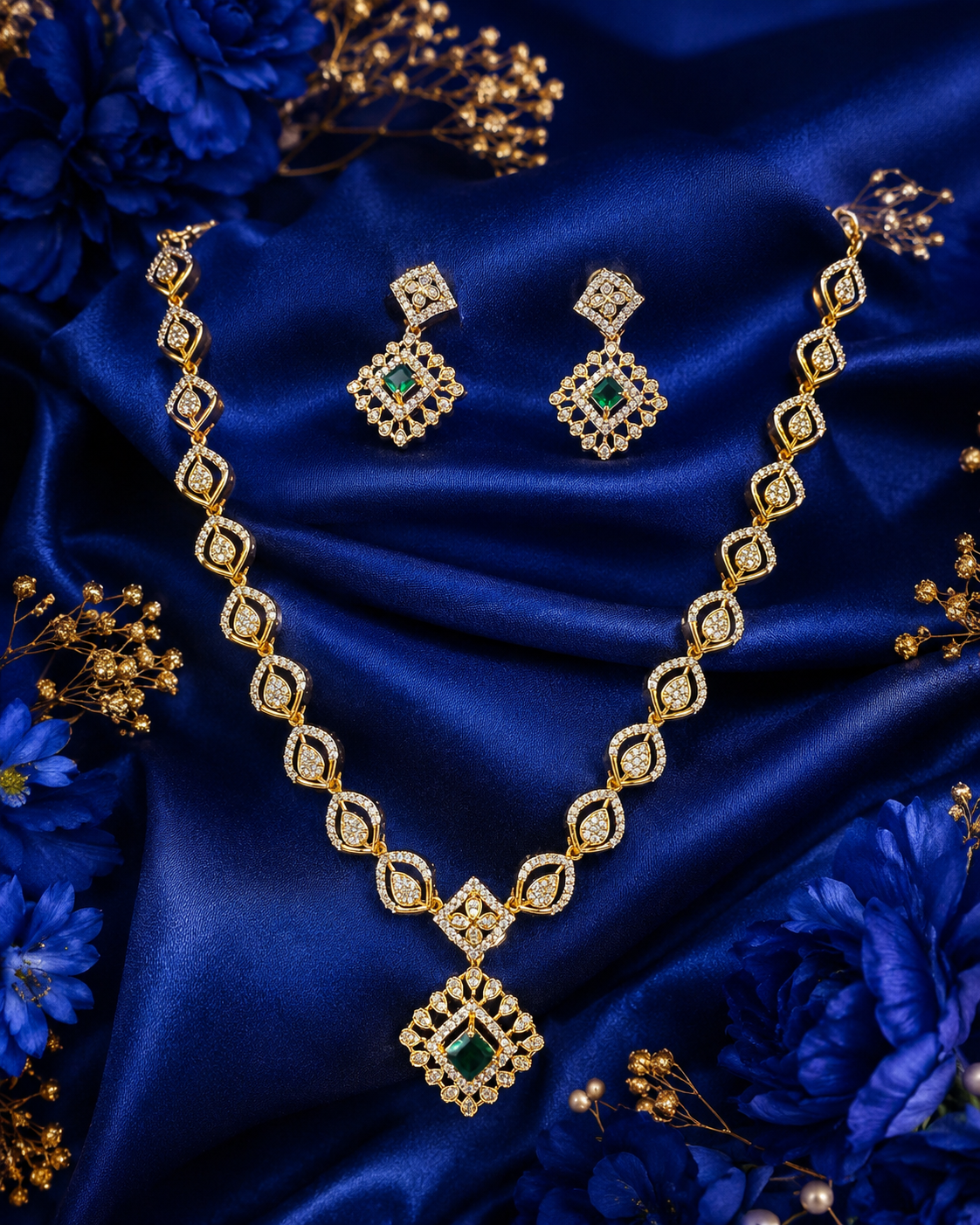 Stunning Emerald Stones Gold Plated Necklace With Earrings For Women