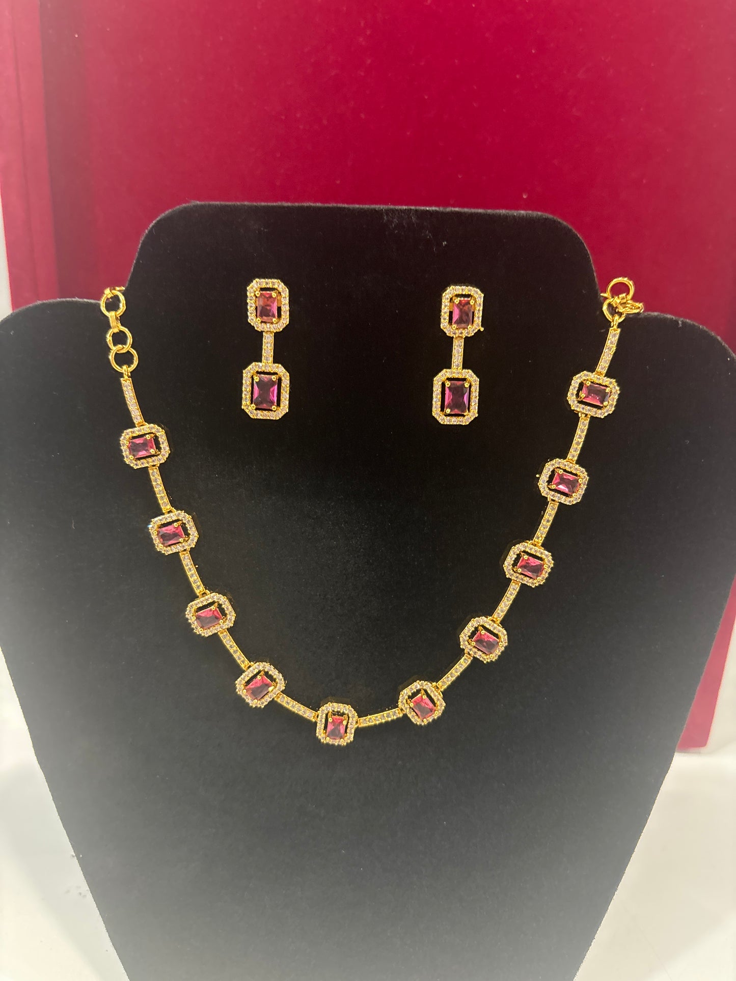 Stunning Pink And White Stones Studded Gold Plated Necklace With Earrings
