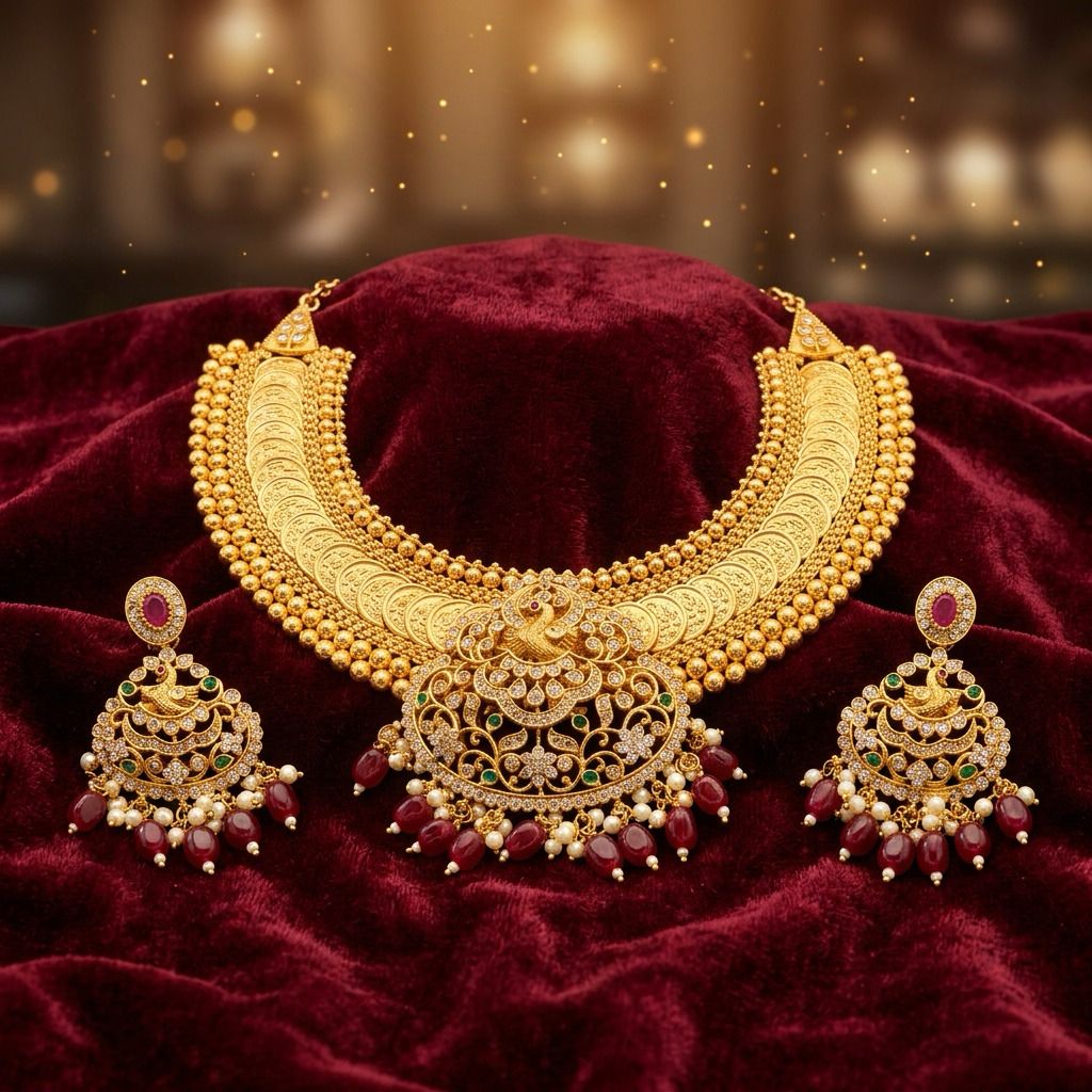 Amazing Gold Plated Necklace With Earrings and Red Pearls