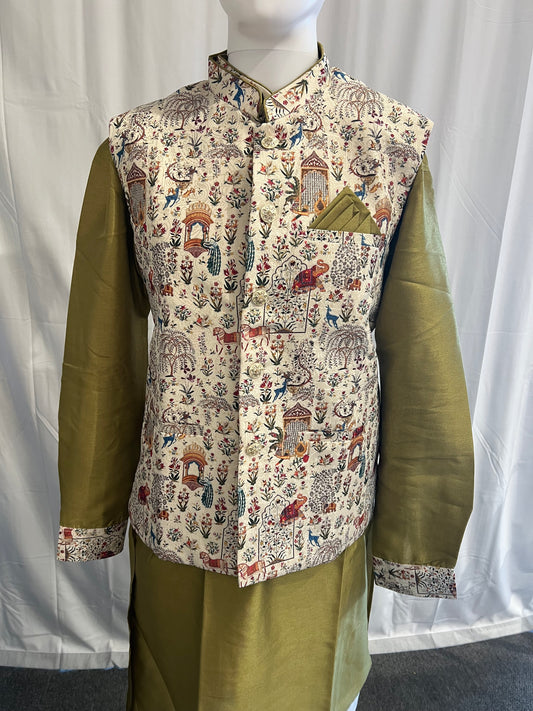 Wonderful Olive Green Color Cotton Kurta With Printed Work Jacket Set For Men