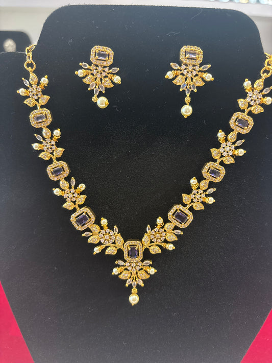 Pretty White AndPurple Color Stones Gold Plated Pearl Drops Necklace With Earrings