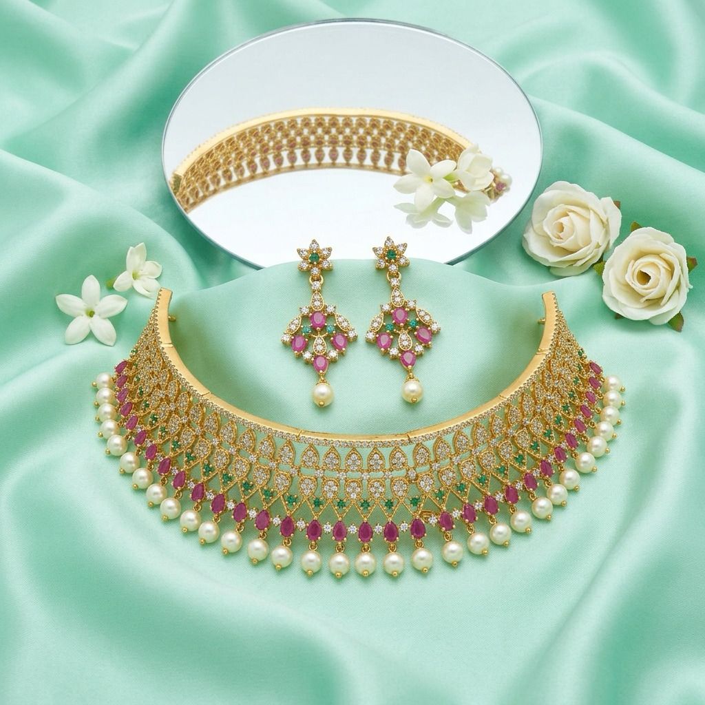 Charming Pink Stones Gold Plated Necklace With Pearl hangings And Earrings For Women