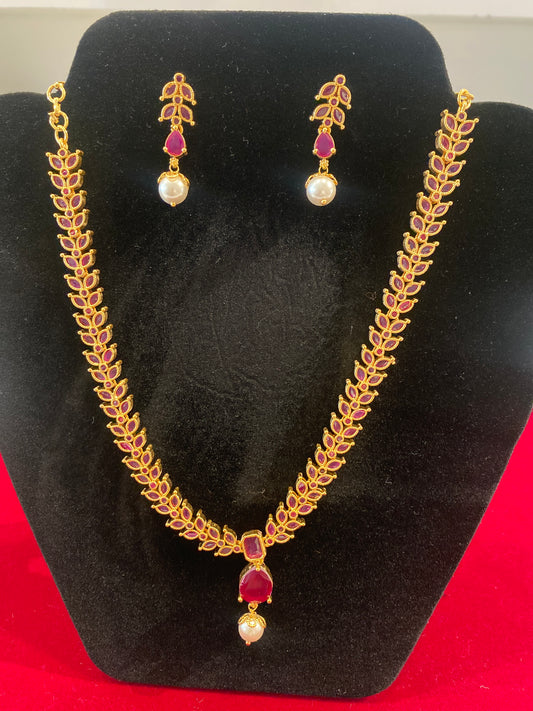 Stunning Red  Stones Gold Plated Necklace With Pearl Drop Earrings