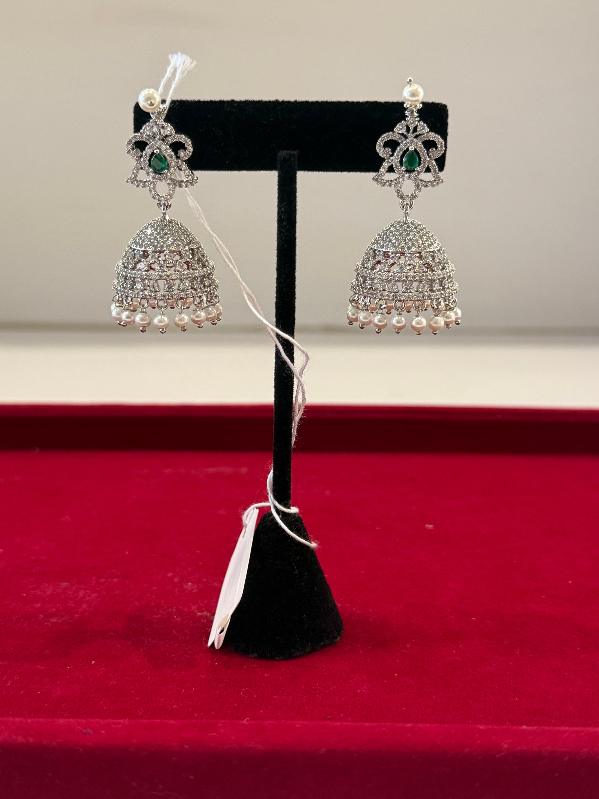 Elegant White And Green Stones American Diamond Jhumkas With White Pearls