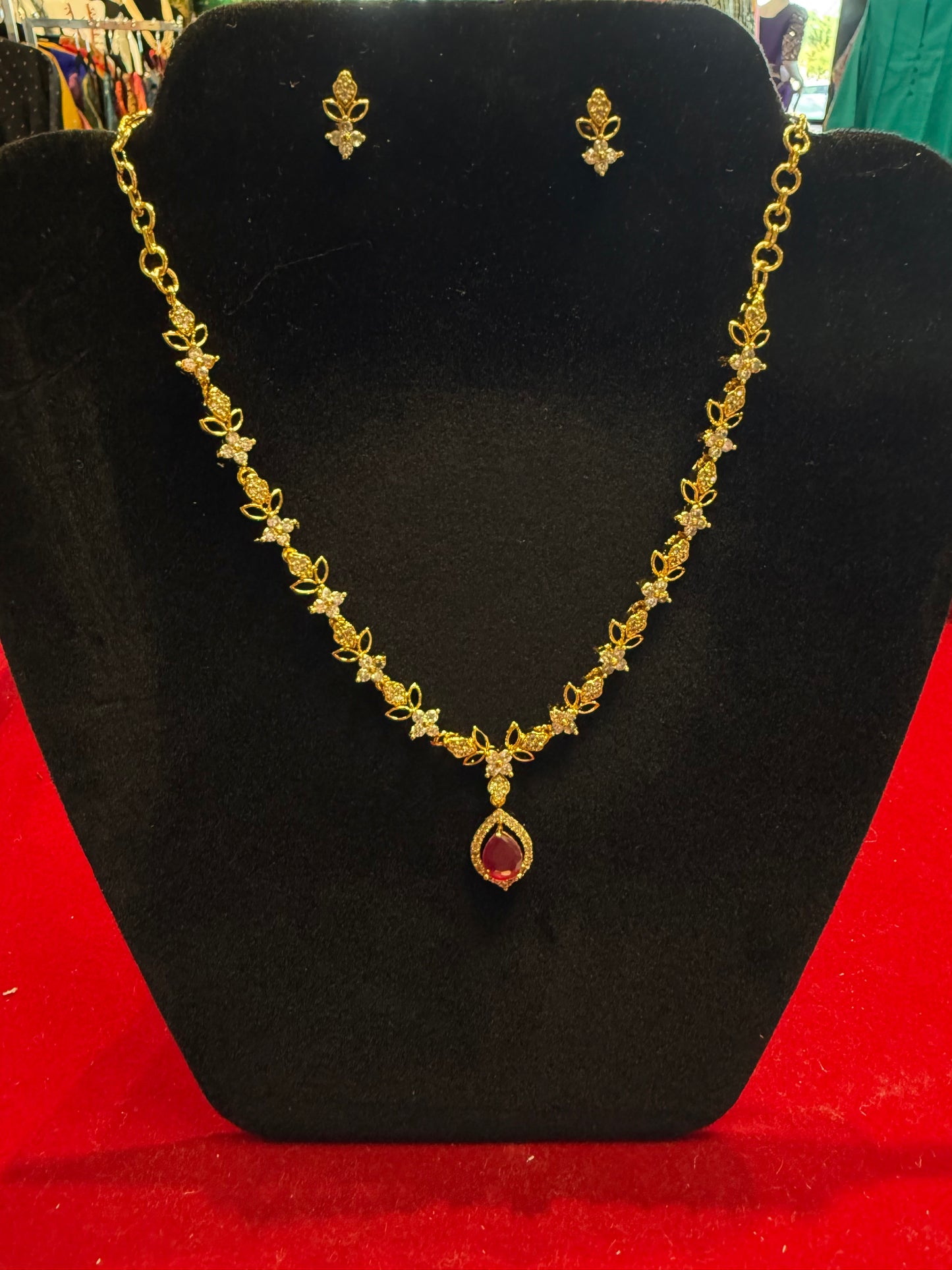 Elegant Gold plated White stones & Pink Stone Necklace with Earrings For women