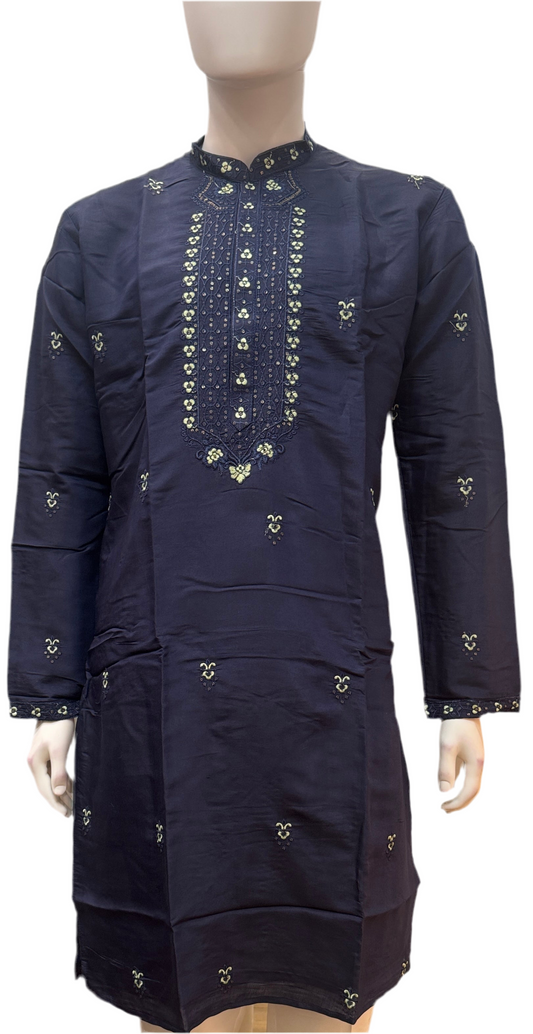 Delightful Dark Blue Color With Cotton Embroidery Work Kurta Suits For Men