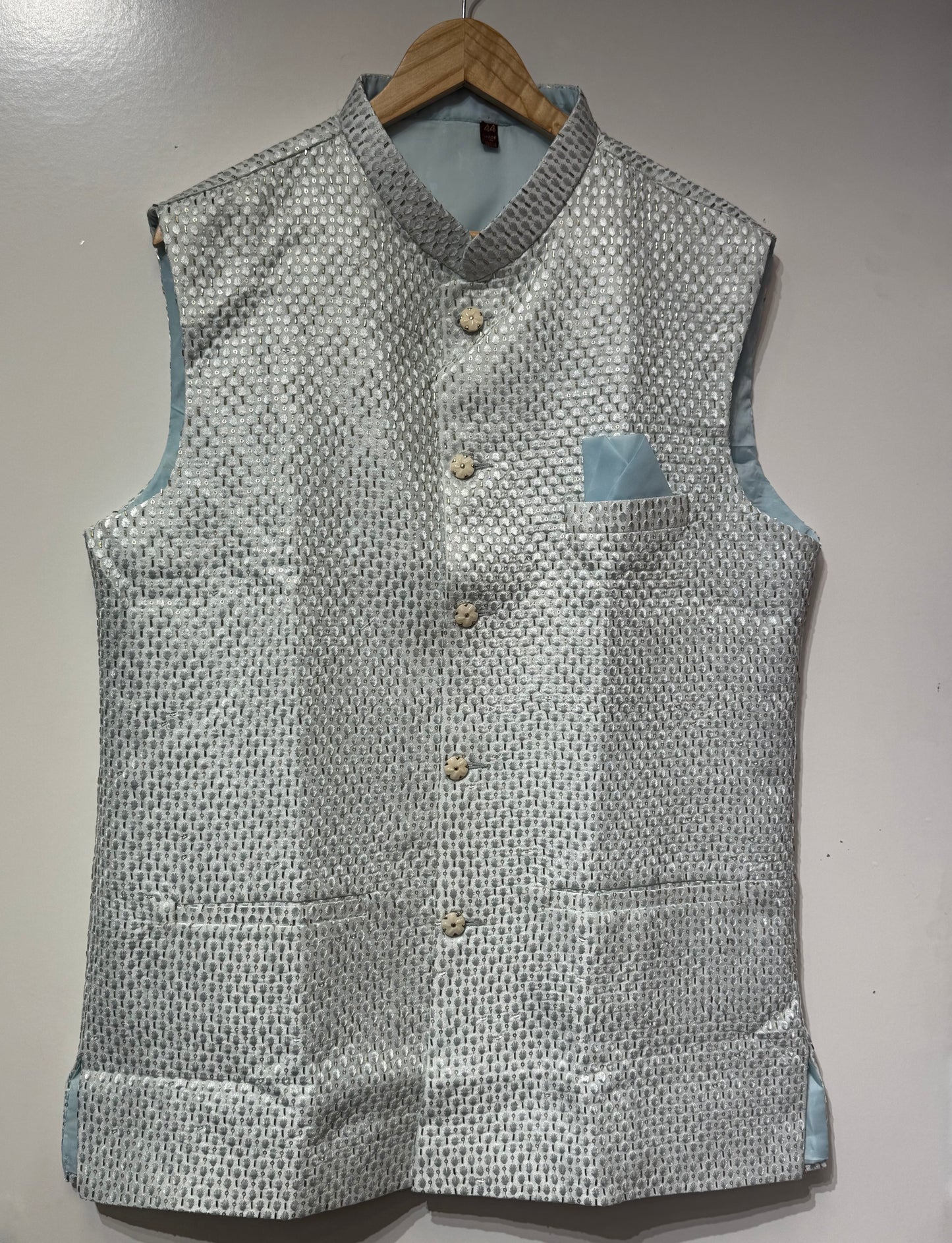 Light Blue Color Sequins Work With Silk Men's Jacket Near Me