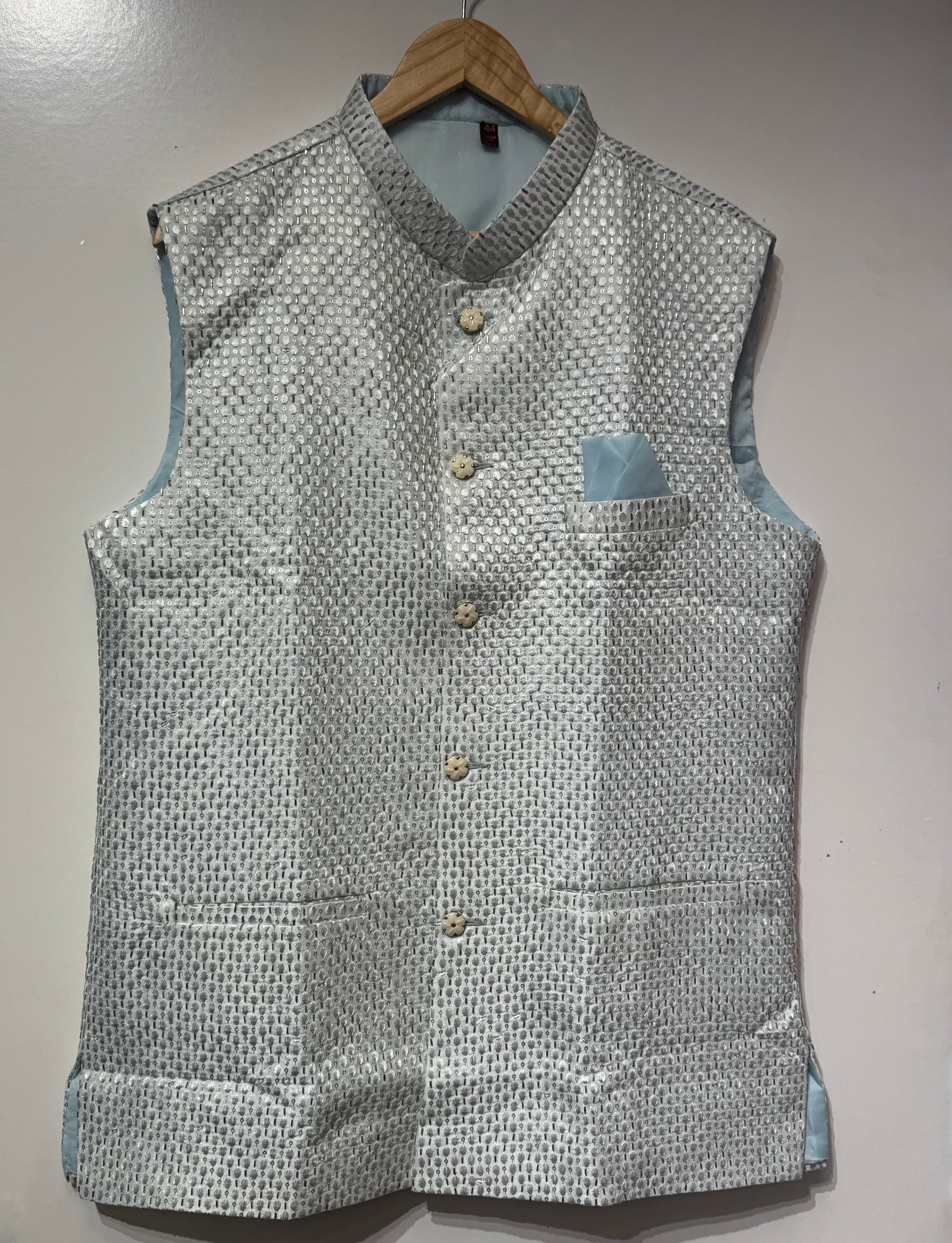 Light Blue Color Sequins Work With Silk Men's Jacket Near Me