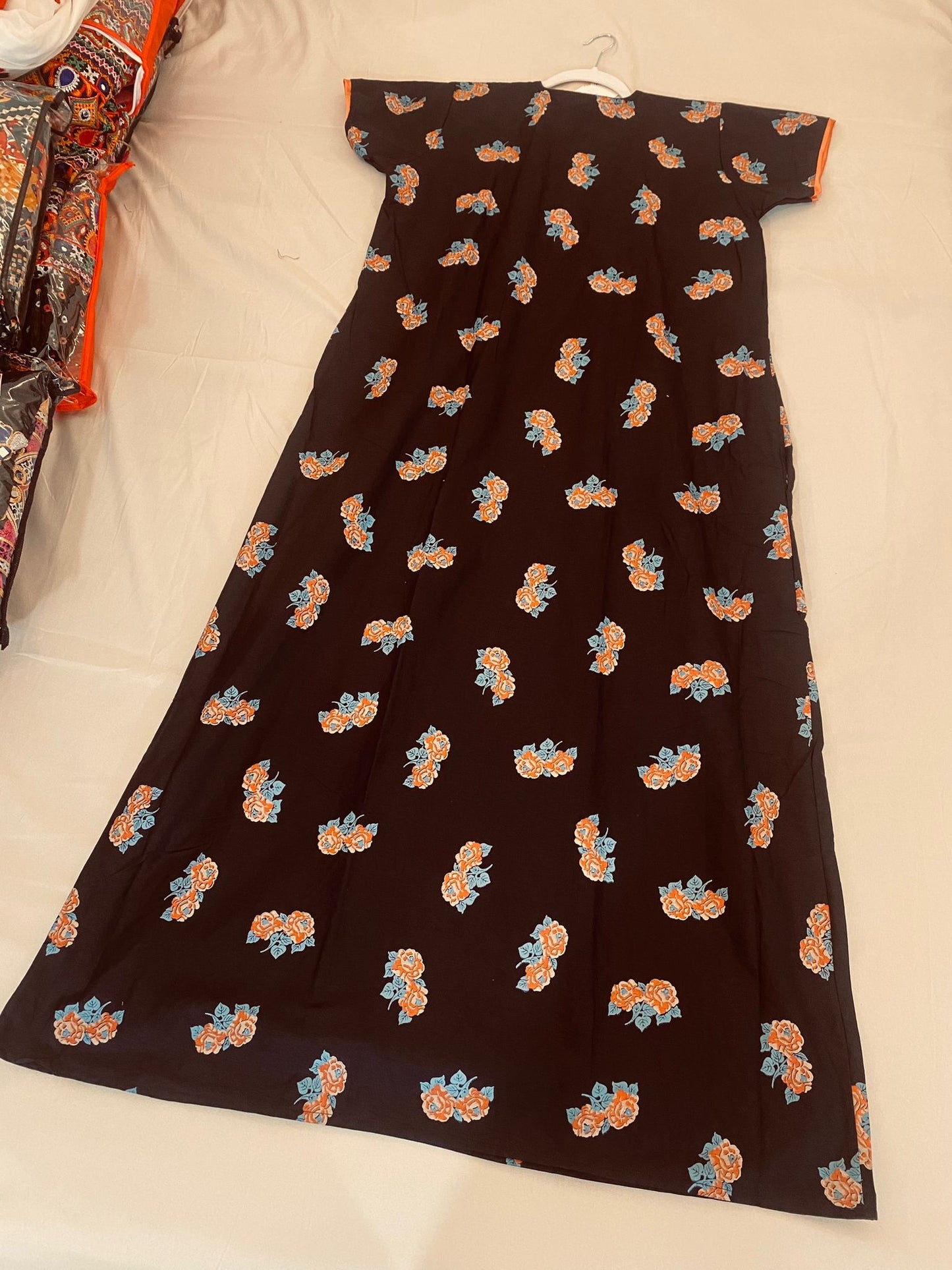 Comfy Black with Orange And Blue Design Nighty In Suncity