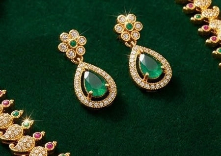 Traditional Emerald Stones Gold Plated Necklace With Earrings For Women
